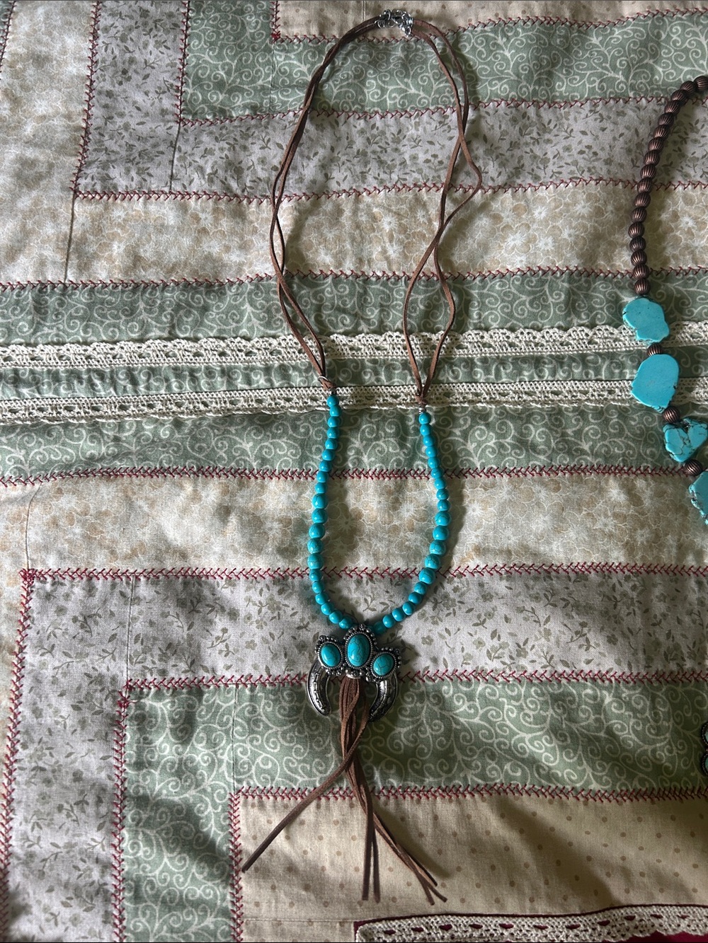Faux Turquoise Bead Squash Necklace with Brown Suede
